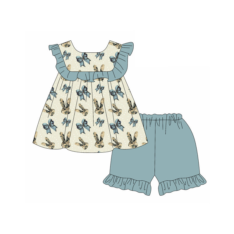 Preorder moq 5 Baby Girls Sleeveless Camo Rabbit Bows Tunic Ruffle Short Easter Clothes Sets