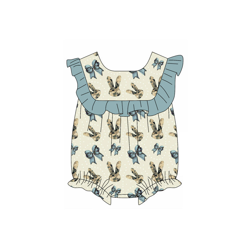 Preorder (moq 5)Baby Girls Sleeveless Camo Rabbit Bows Easter Ruffle Rompers