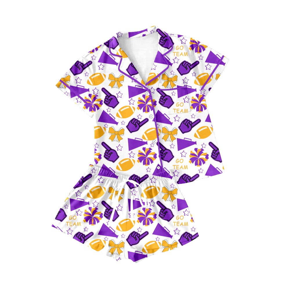 Preorder(moq 8)Baby Girls Gold Purple Bows Footballs Button Pocket Top Shorts Team Pajamas Set