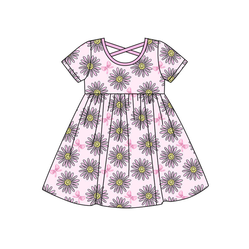 Preorder (moq 5)Baby Girls Pink Sunflowers Bows Knee Length Dresses