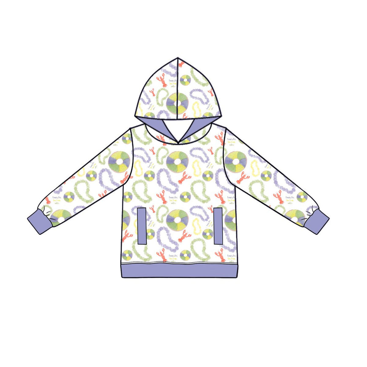 Preorder (moq 5) Baby Boy Clothes Mardi Gras Crawfish & Bead Print Long Sleeve Hoodie