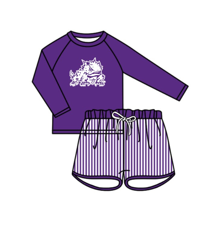 Preorder moq 5 Baby Boys Purple Frogs Long Sleeve Top Stripe Shorts Team Swimsuits