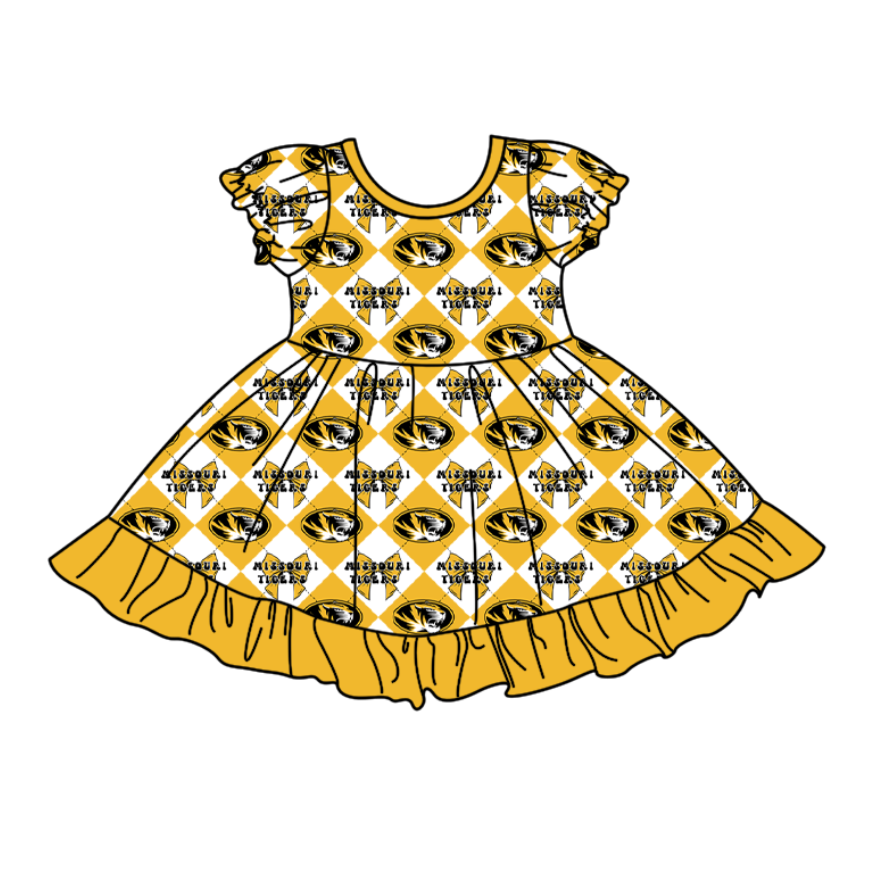 Preorder (moq 5)Baby Girls Team Bows Checked Ruffle Knee Length Dresses