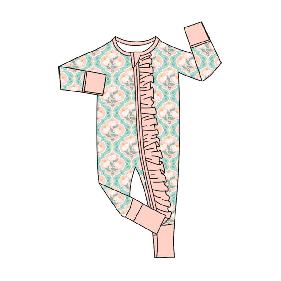 Preorder (moq 5)Baby Girls Colorful Flowers Checked Two Way Ruffle Zip Convertible Rompers