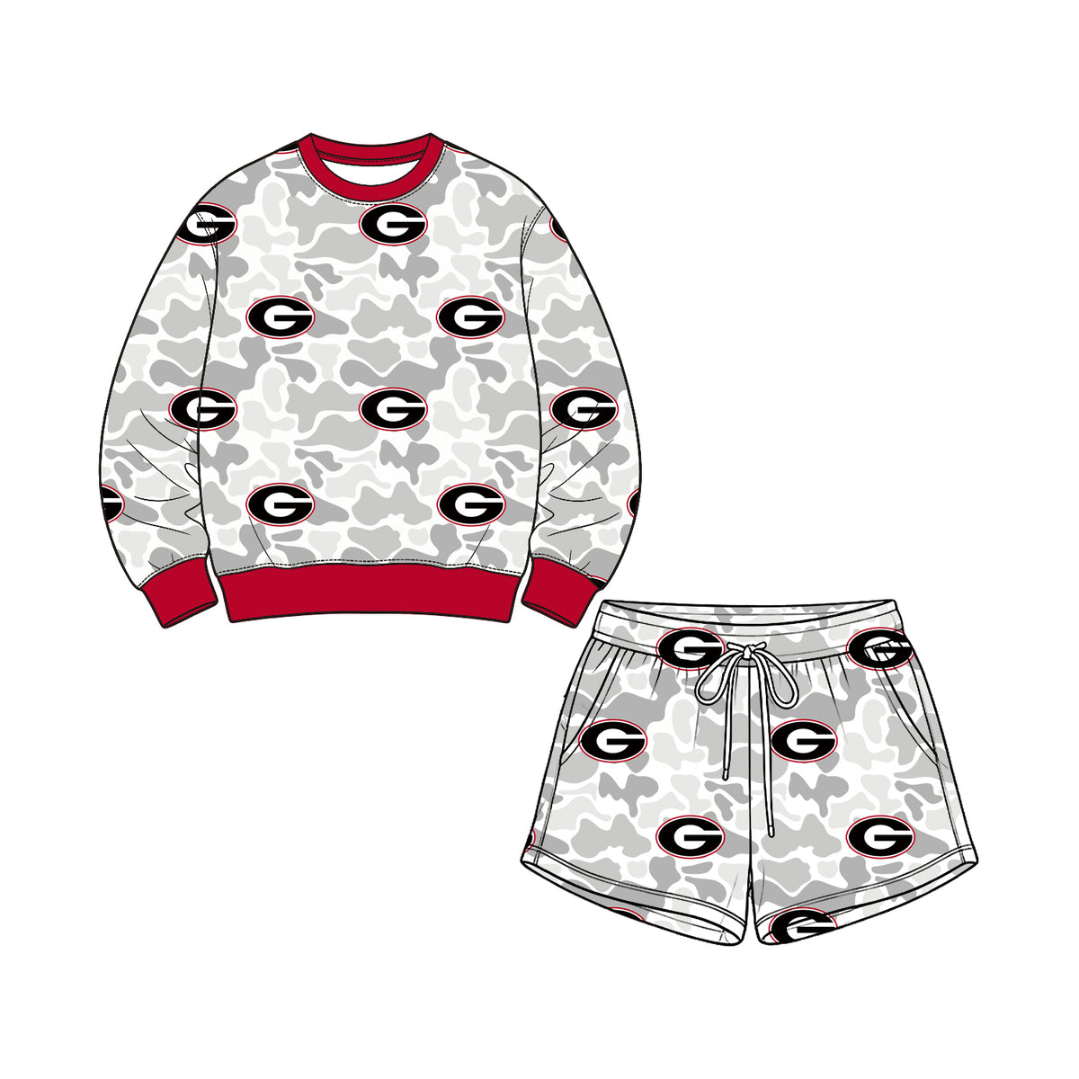 Preorder (moq 5) Kids Clothes Camo Letter G Mixed Print Long Sleeve Sweatshirt Short Pant Set