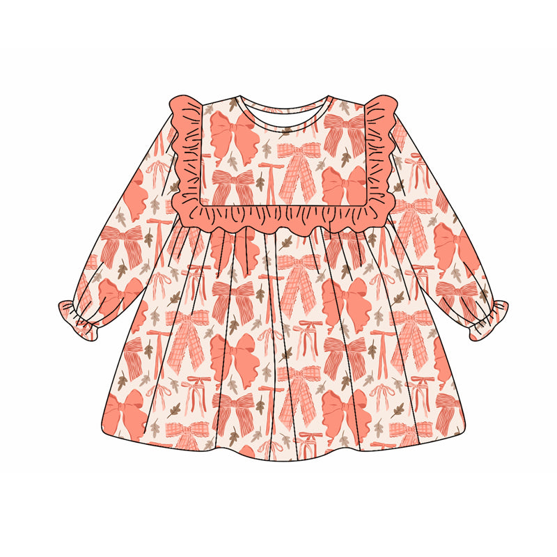 Preorder (moq 5)Baby Girls Long Ruffle Sleeves Peach Leaves Bows Knee Length Dresses