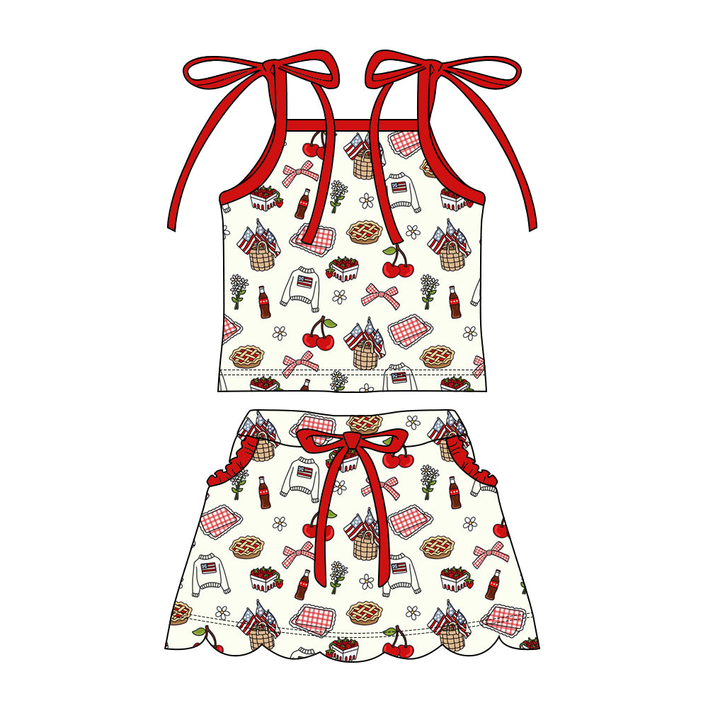 Preorder moq 5 Baby Girls Strap Flowers Bows Top Pockets Scallop Skirt Short 4th of July Clothes Sets