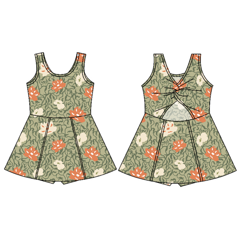 Preorder (moq 5)Baby Girls Green Sleeveless Flowers Yoga Active Skort Dress