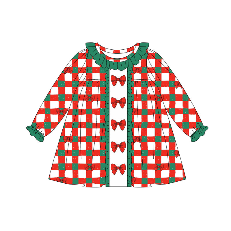 Preorder (moq 5)Baby Girls Red Green Checked Bows Christmas Knee Length Dresses