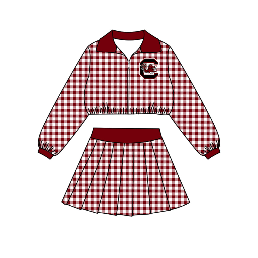 Preorder (moq 5) Girls’ Team Dark Red Plaid Collared Long-Sleeve Zip-Up Jacket & Matching Pleated Skirt 2-Piece Set