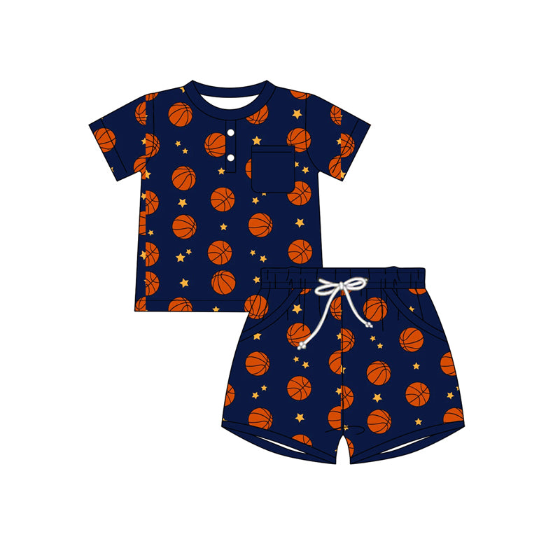 Preorder (moq 5)Baby Boys Basketballs Stars Button Top Pockets Shorts Team Clothes Sets