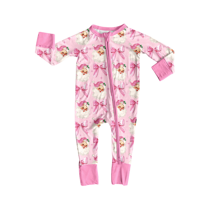 Preorder (moq 5)Baby Girls Pink Long Sleeves Bows Santa Plaid Zipper Rompers