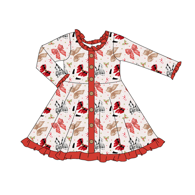 Preorder (moq 5)Baby Girls Long Sleeves Colorful Bows Button Ruffle Knee Length Dresses