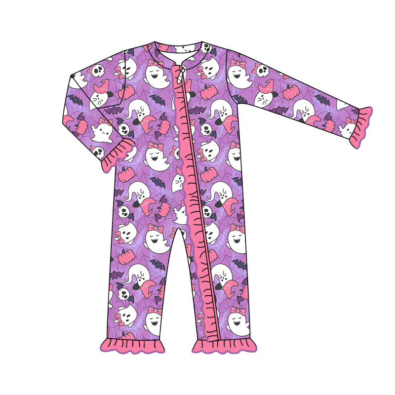 Preorder (moq 5)Baby Girls Purple Long Ruffle Sleeves Ghosts Bats Zipper Rompers