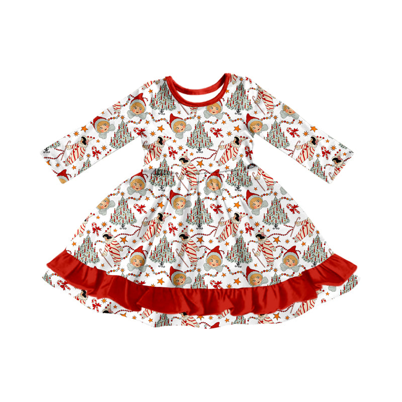 Preorder (moq 5)Baby Girls Long Sleeves Candy Cane Bows Trees Ruffle Knee Length Dresses