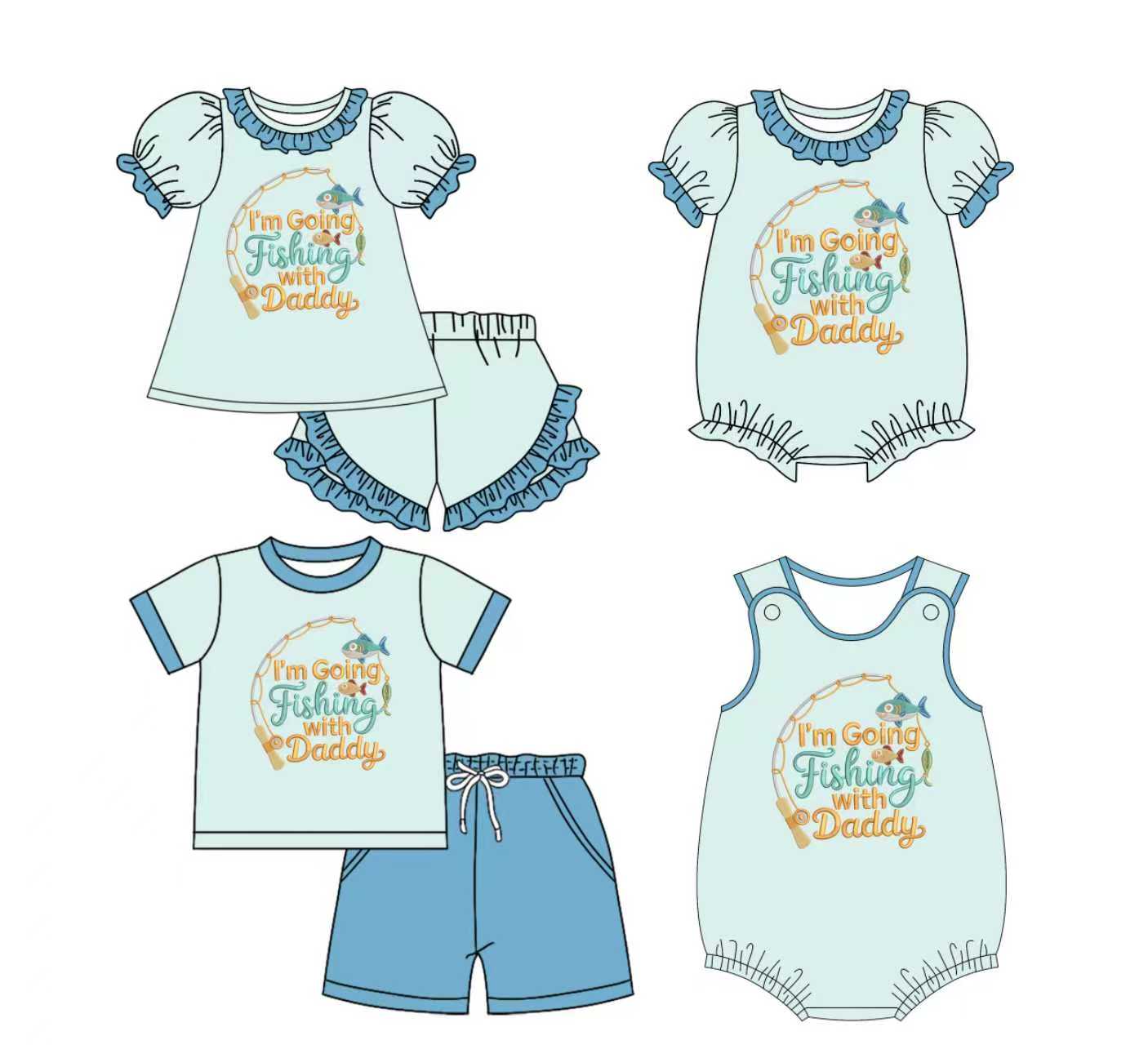 Preorder moq 5 (each item)Baby Kids I'm Going Fishing With Daddy Top Shorts Hunting Clothes Sets Rompers