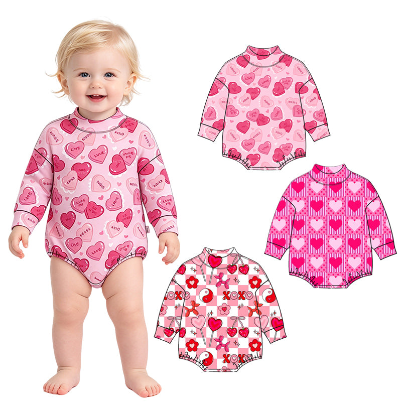 Preorder (moq 5) Baby Girl Clothes Valentine Pink Red Heart Stripe Polka Dot Grid Print Long Sleeve Bubble Romper