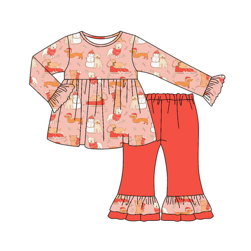 Preorder (moq 5)Baby Girls Peach Long Ruffle Sleeves Snowman Dogs Plaid Tunic Flare Pant Set