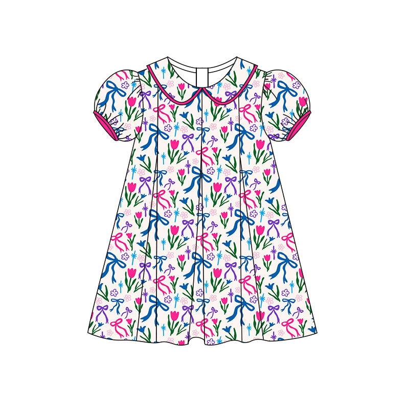 Preorder (moq 5)Baby Girls Short Ruffle Sleeves Colorful Bows Flowers Knee Length Dress