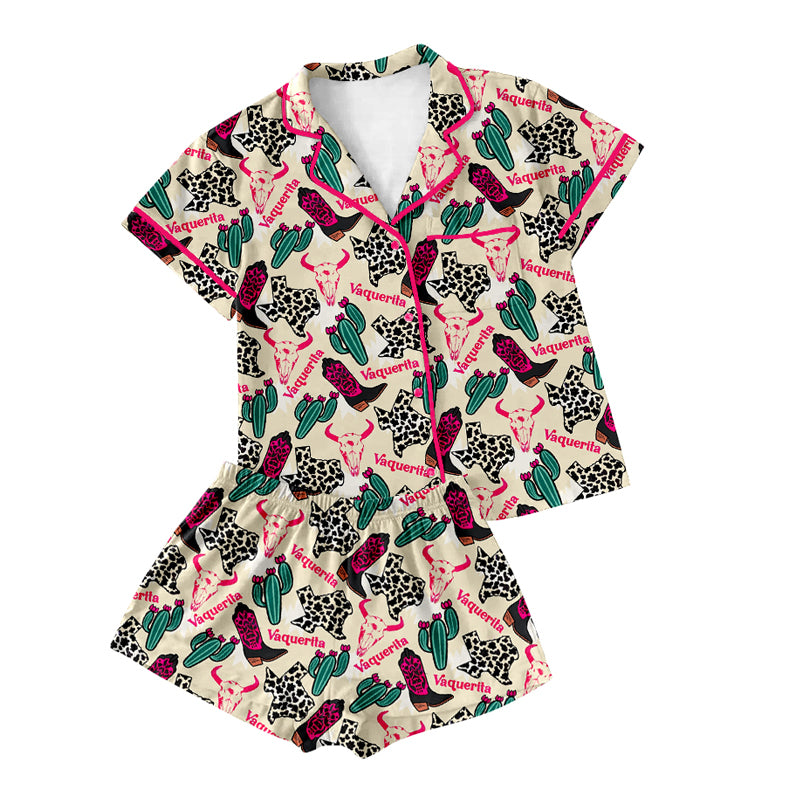 Preorder(moq 5)Adult Women Khaki Short Sleeves Button Pocket Boots Cactus Top Short Pajamas Set