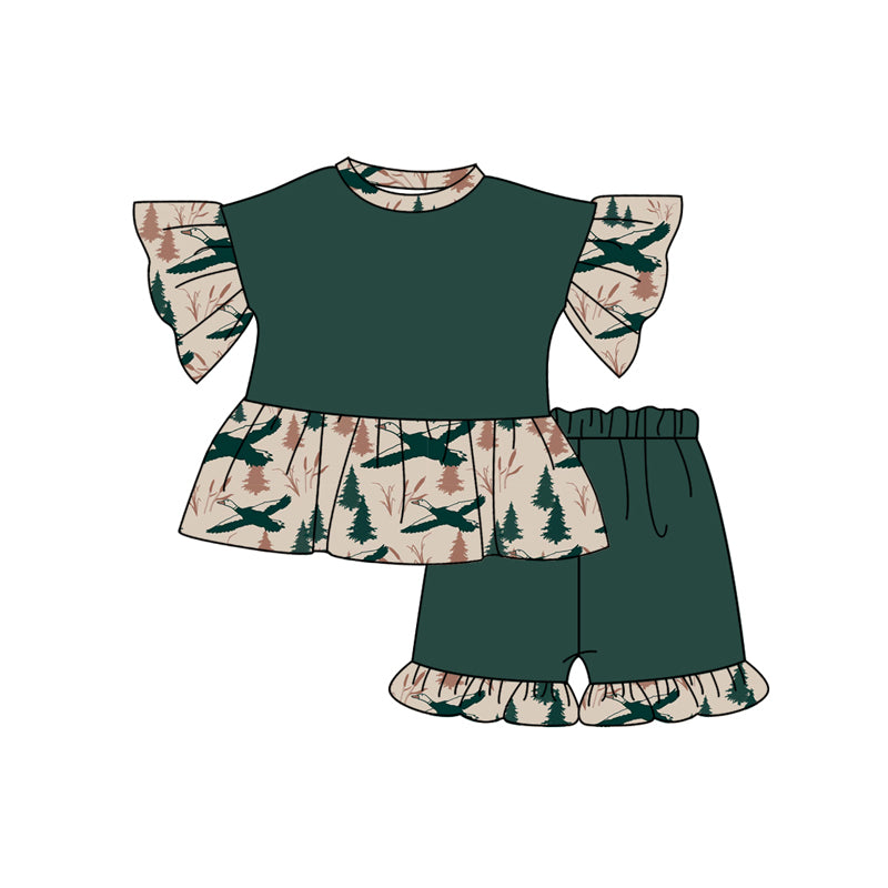 Preorder (moq 5)Baby Girls Green Short Ruffle Sleeves Ducks Trees Tunic Short Sets Preorder
