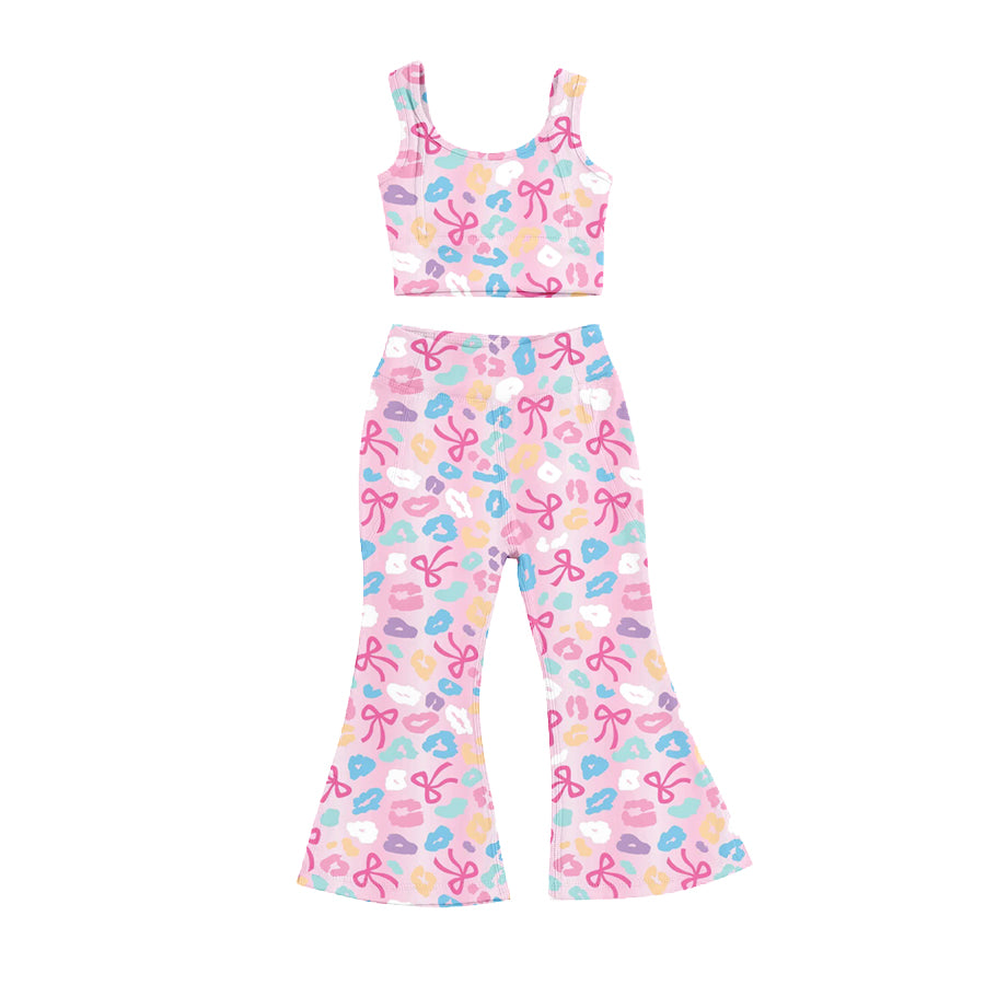 Preorder (moq 5)Baby Girls Pink Sleeveless Bows Leopard Vest Top Bell Bottom Pant Set