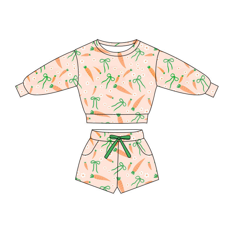 Preorder(moq 5) Baby Girls Carrots Flowers Long Sleeve Top Pockets Shorts Easter Clothes Sets