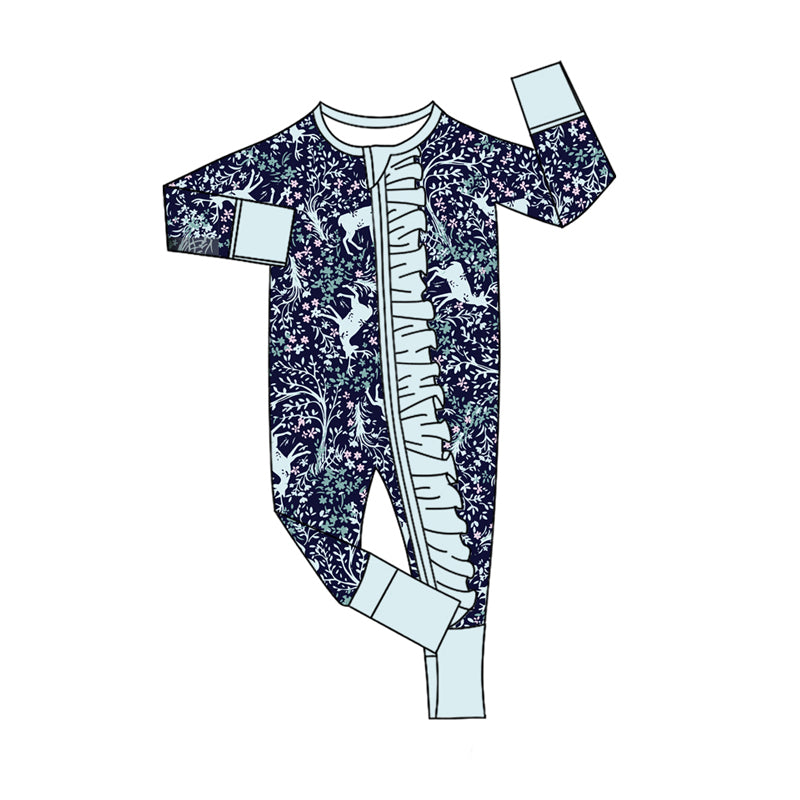 Preorder(moq 5)Baby Infant Girls Blue Floral Deer Ruffle Zipper Footie Rompers