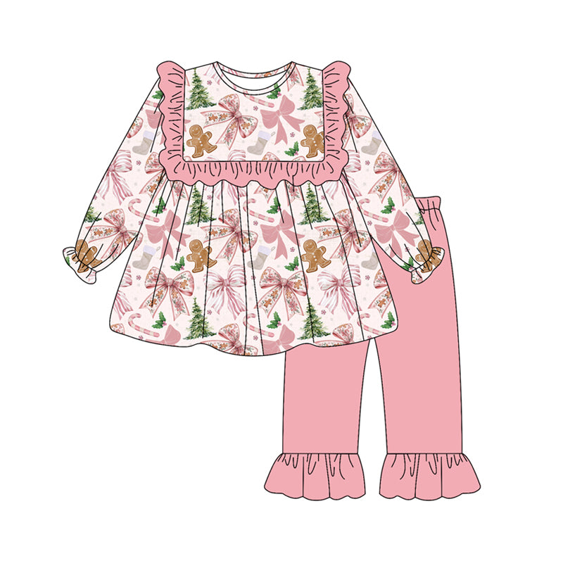 Preorder (moq 5)Baby Girls Long Sleeves Pink Bows Gingerbread Tunic Ruffle Pant Clothes Set