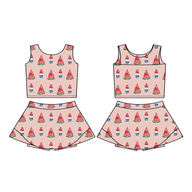 Preorder moq 5 Baby Girls Sleeveless Popsicle Vest Top Skirt Shorts 4th of July Clothes Sets