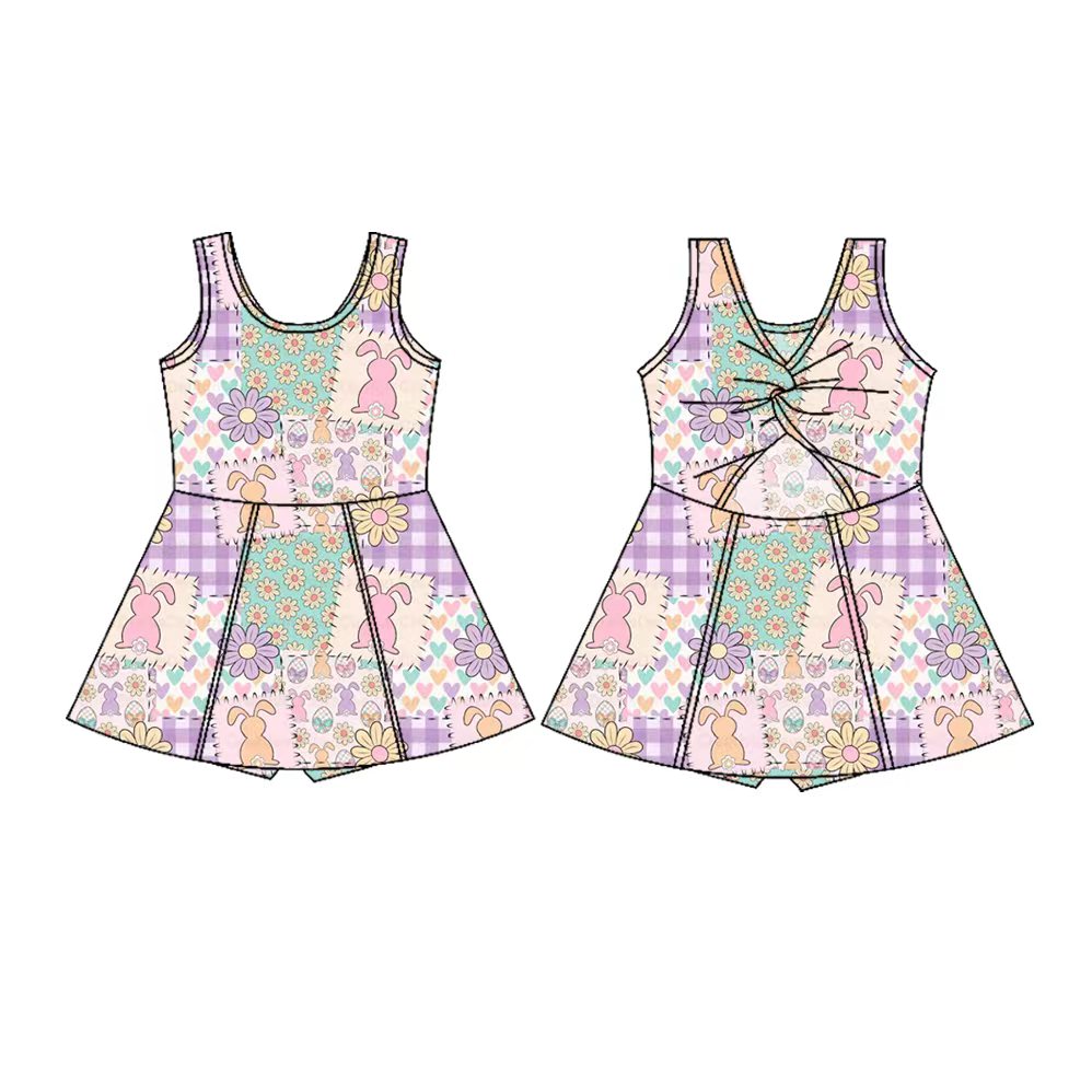 Preorder(moq 5) Baby Girls Sleeveless Rabbits Flowers Checked Easter Shorts Knee Length Dresses