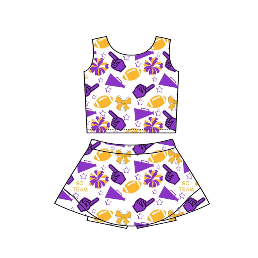 Preorder(moq 8)Baby Girls Gold Purple Bows Footballs Vest Top Shirt Shorts Team Clothes Sets