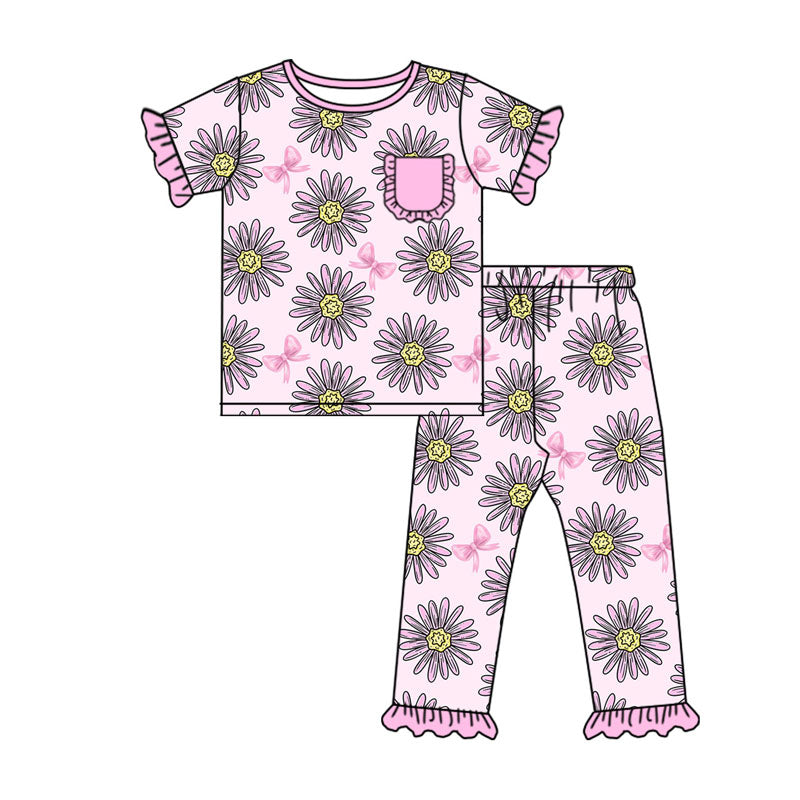 Preorder (moq 5)Baby Girls Pink Sunflowers Mamas Mini Top Ruffle Pants Pajamas Sets
