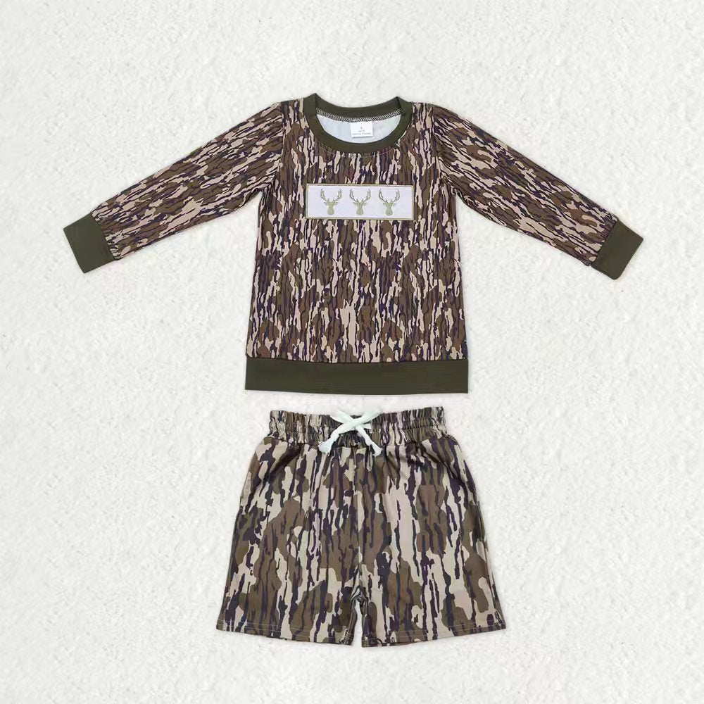 Baby Boys Olive Camo Embroidery Deer Shirts Top Pockets Shorts Hunting Clothes Sets