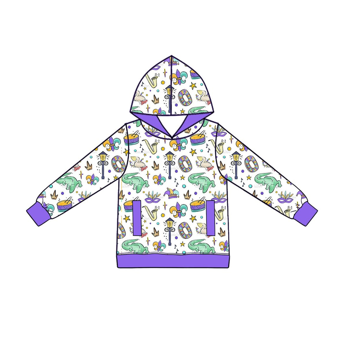 Preorder (moq 5) Baby Boy Clothes Mardi Gras Dinosaur Festival Element Print Long Sleeve Hoodie