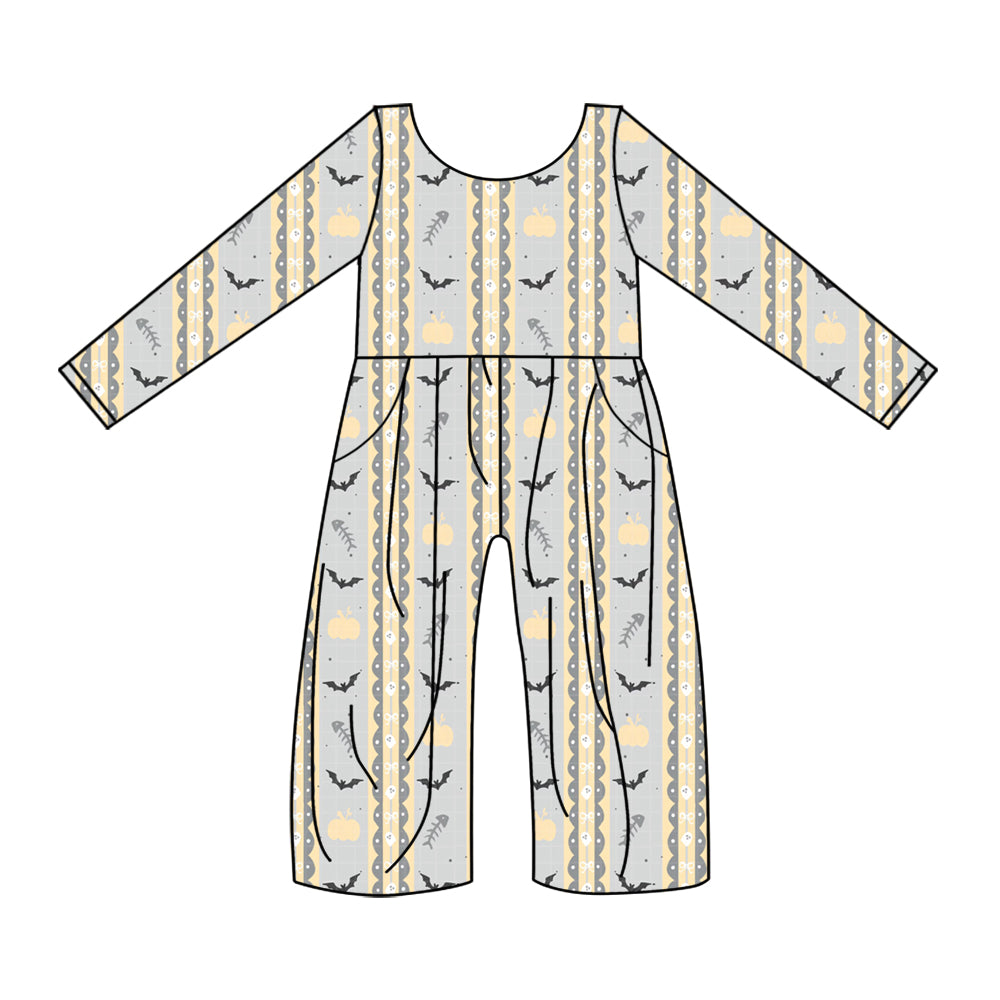 Preorder (moq 5)Baby Girls Long Sleeves Yellow Pumpkins Bats Pockets Pant Jumpsuits