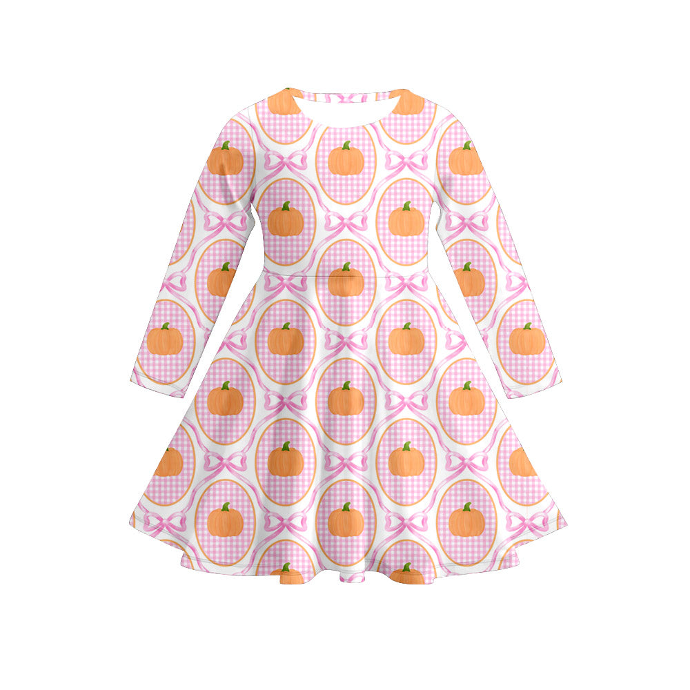 Preorder (moq 5)Baby Girls Long Sleeves Pink Plaid Bows Pumpkins Knee Length Dresses