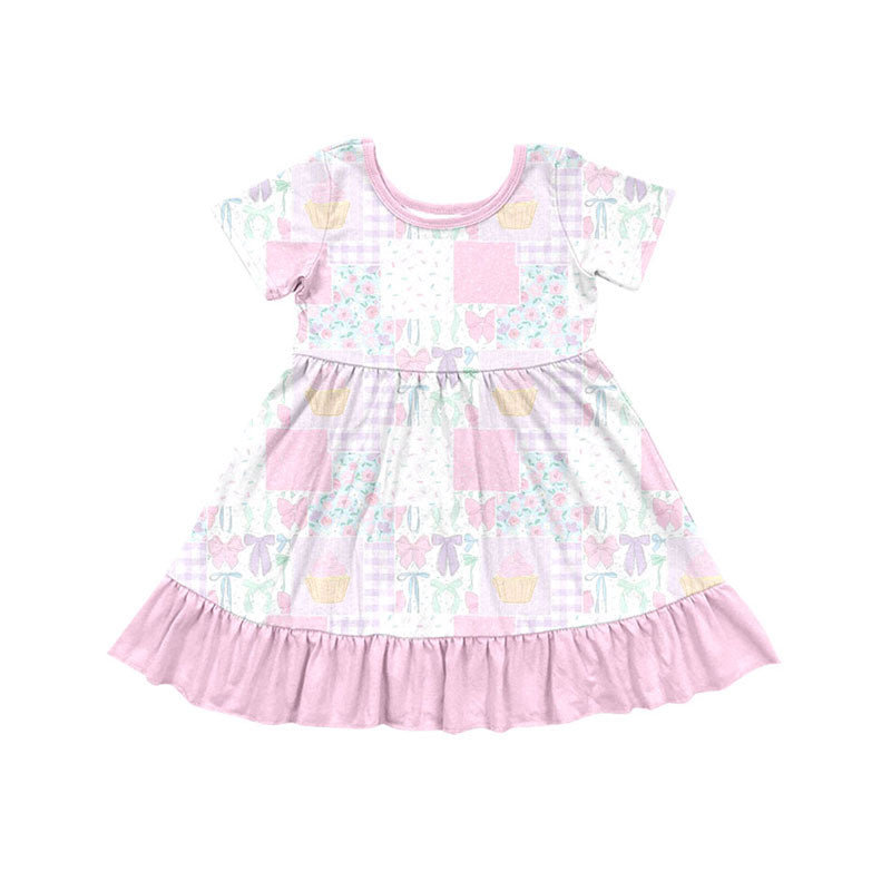 Preorder(moq 8)Baby Girls Pink Flowers Bows Checked Ruffle Knee Length Dresses
