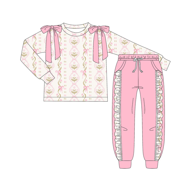 Preorder (moq 5)Baby Girls Long Sleeves Flower Bows Stripe Top Pockets Pant Clothes Set