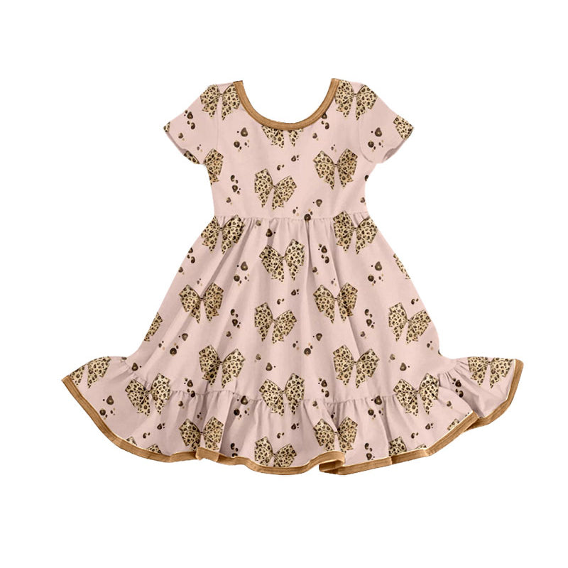 Preorder moq 5 Baby Girls Short Sleeve Leopard Bows Ruffle Knee Length Dresses
