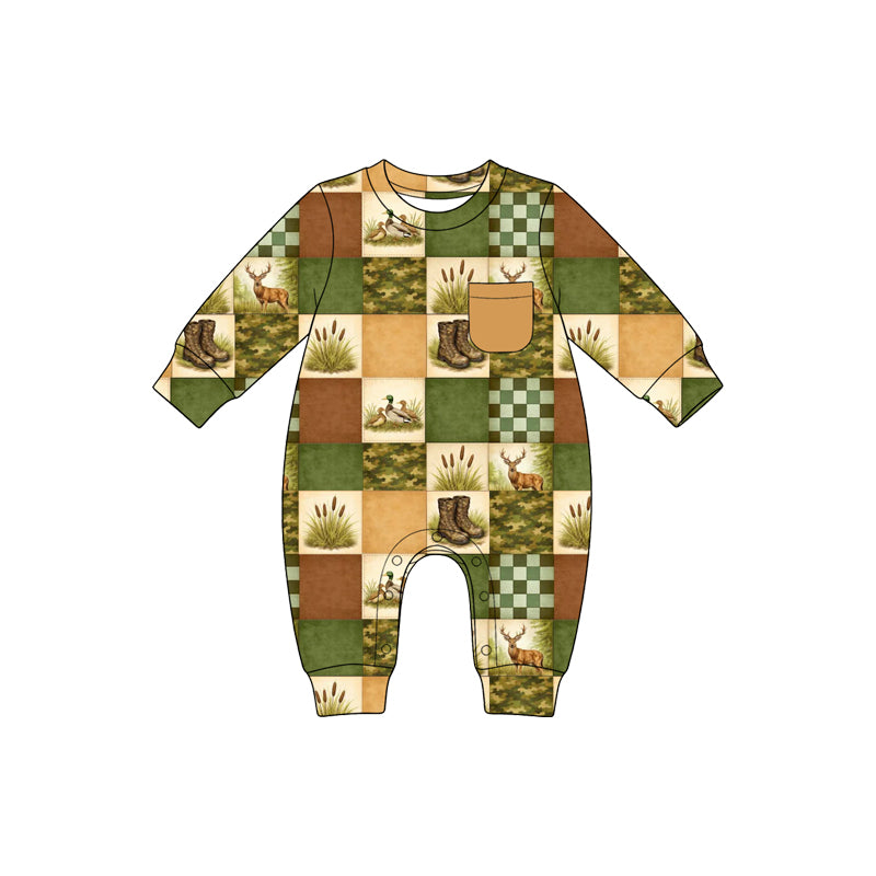 Preorder(moq5) Unisex Long Sleeve Romper Patchwork Deer Duck Hunting Print Breathable Soft Snap Crotch