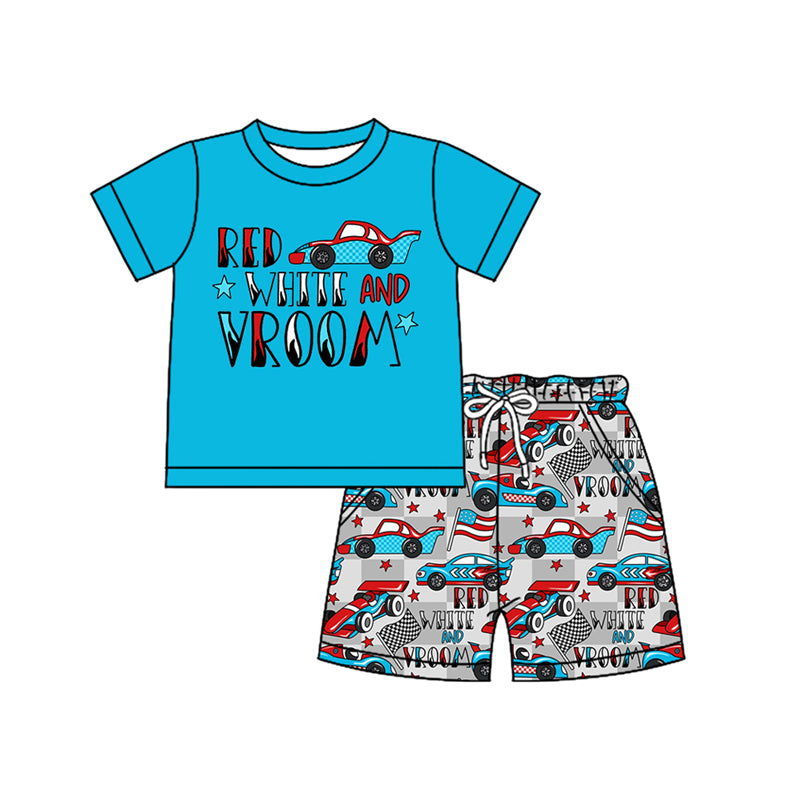 Preorder moq 5 Baby Boys Blue Short Sleeves Cars Stars Top Pocket Shorts 4th Of July Set