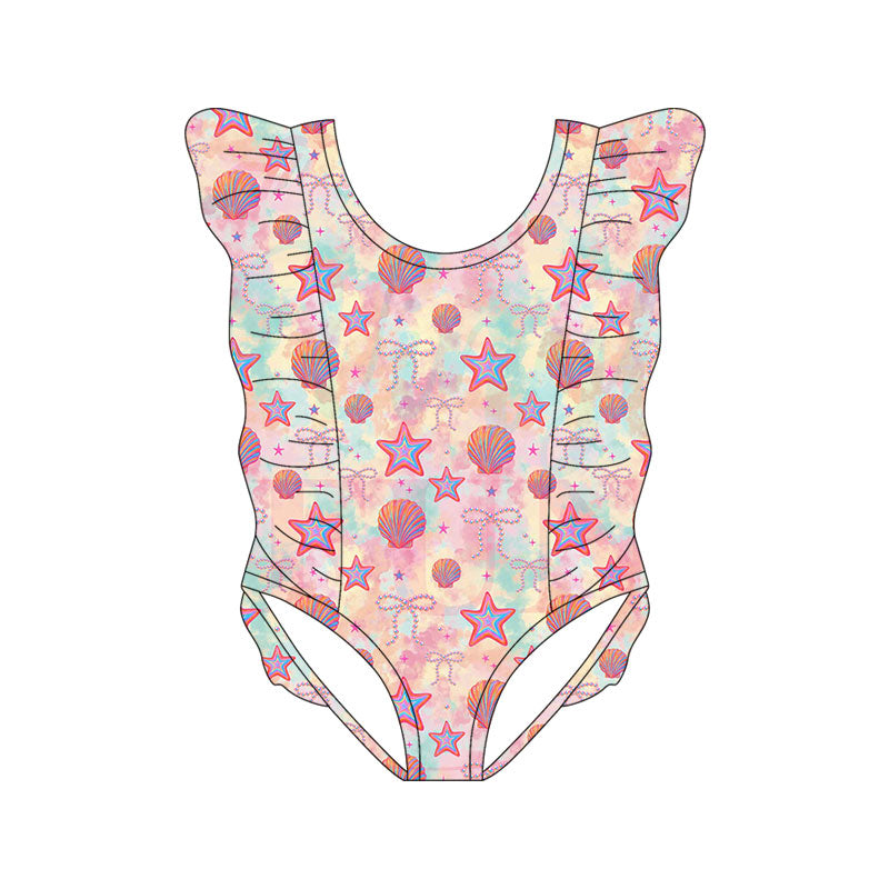 Preorder (moq 5)Baby Girls Flutter Sleeve Sea World Bows Ruffle Swimsuits