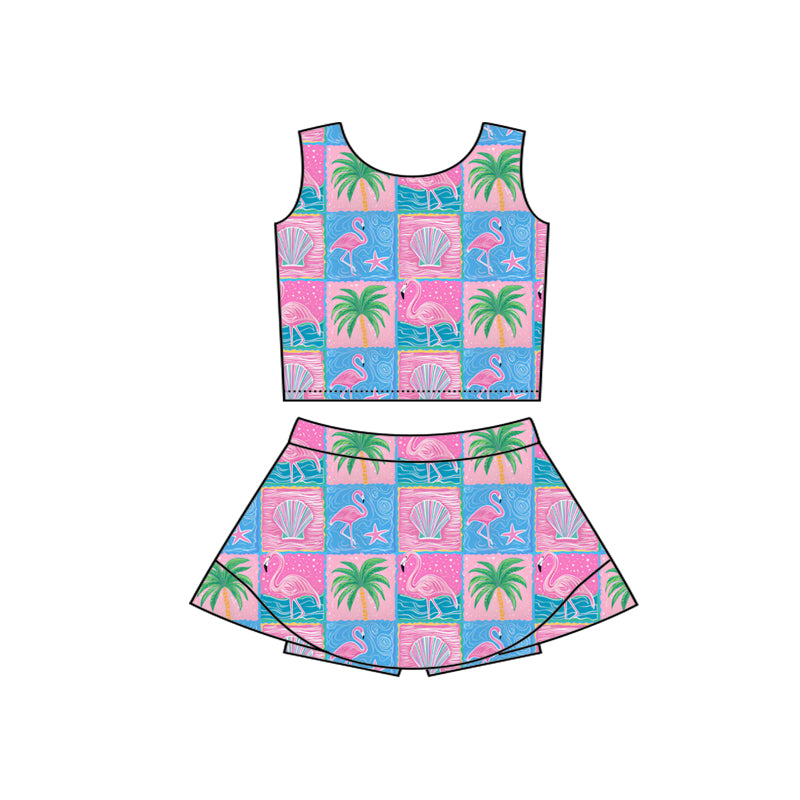 Preorder moq 5 Baby Girls Sleeveless Flamingo Beach Vest Top Skirt Shorts Clothes Sets