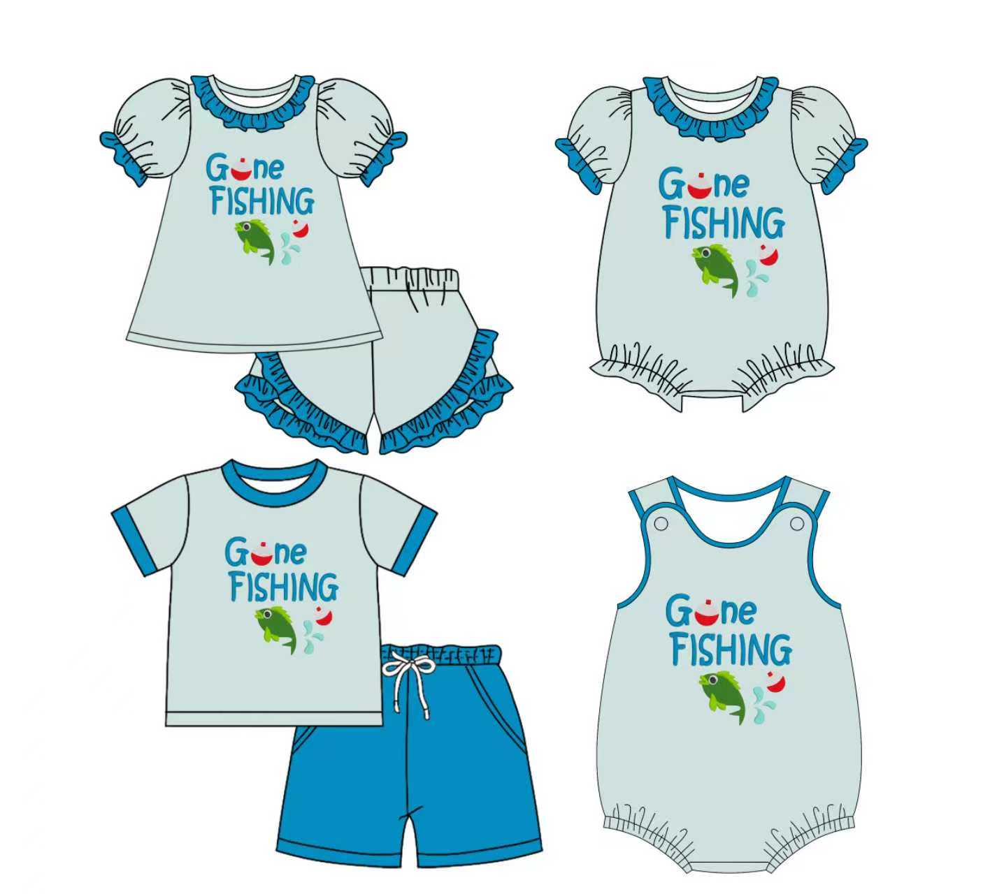 Preorder moq 5 (each item)Baby Kids Gone Fishing Top Shorts Hunting Clothes Sets Rompers