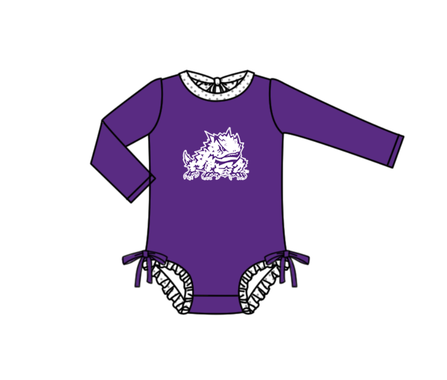 Preorder moq 5 Baby Girls Purple Long Sleeve Frogs Team Swimsuits