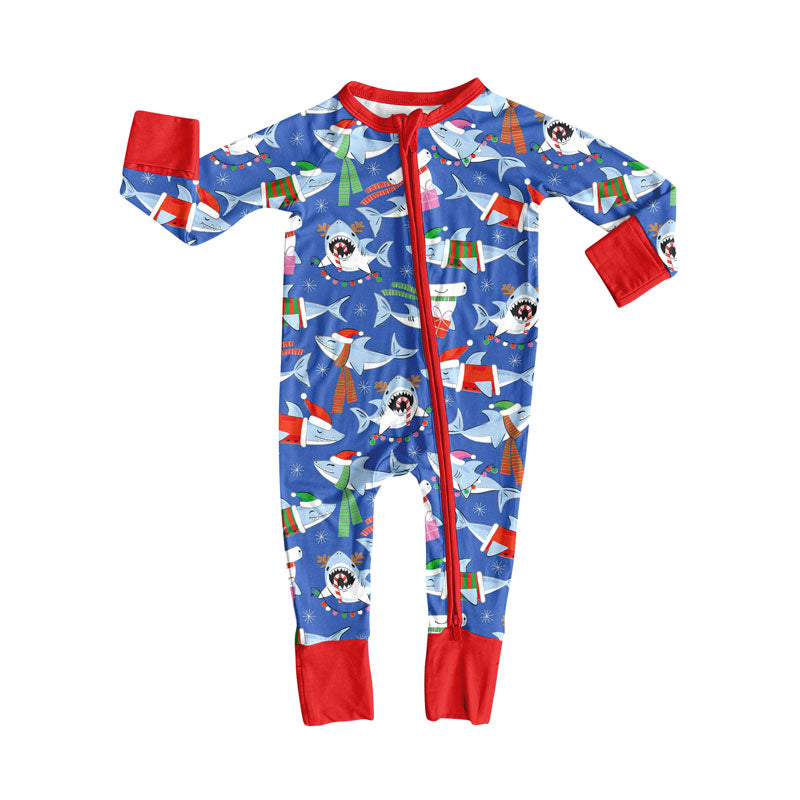 Preorder (moq 8)Baby Girls Hats Sharks Christmas Zipper Footie Rompers
