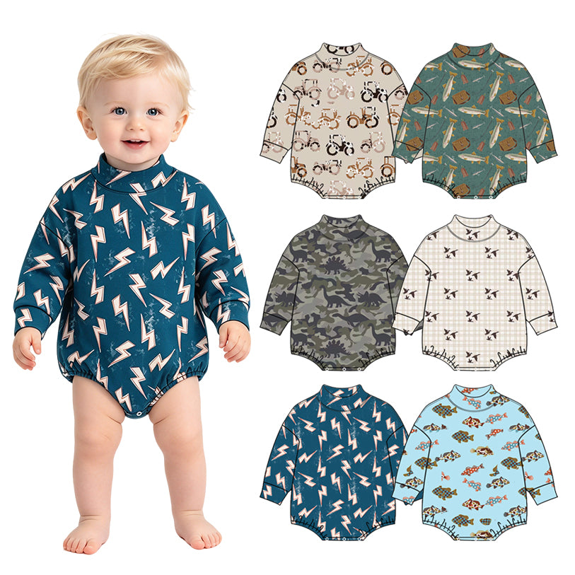 Preorder (moq 5) Baby Boy Clothes Retro Lightning Bolt Graphic Print Long Sleeve Bubble Romper