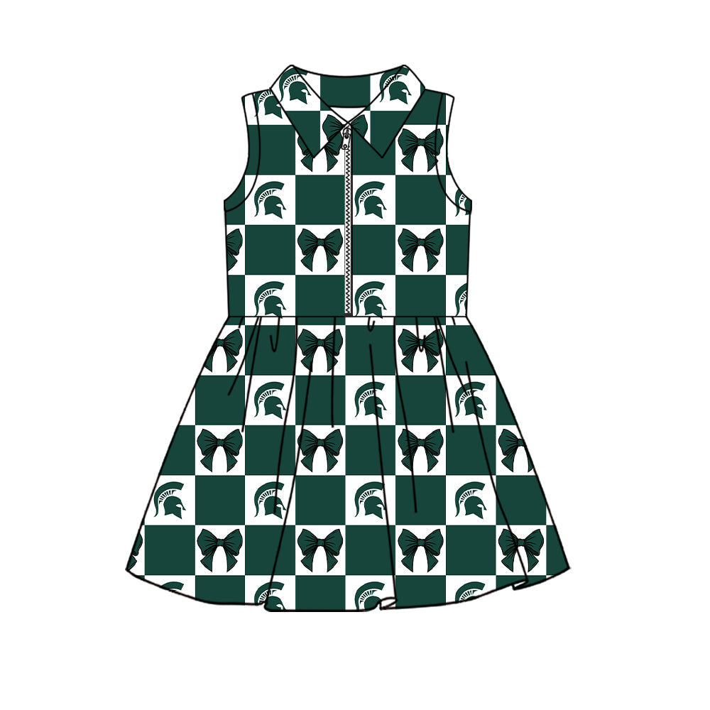 Preorder (moq 5) Baby Girls Sleeveless Bows Michigan Checked Team Zip Knee Length Dress
