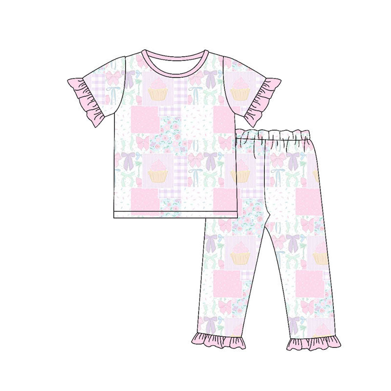 Preorder(moq 8)Baby Girls Pink Flowers Bows Checked Top Ruffle Pants Pajamas Sets